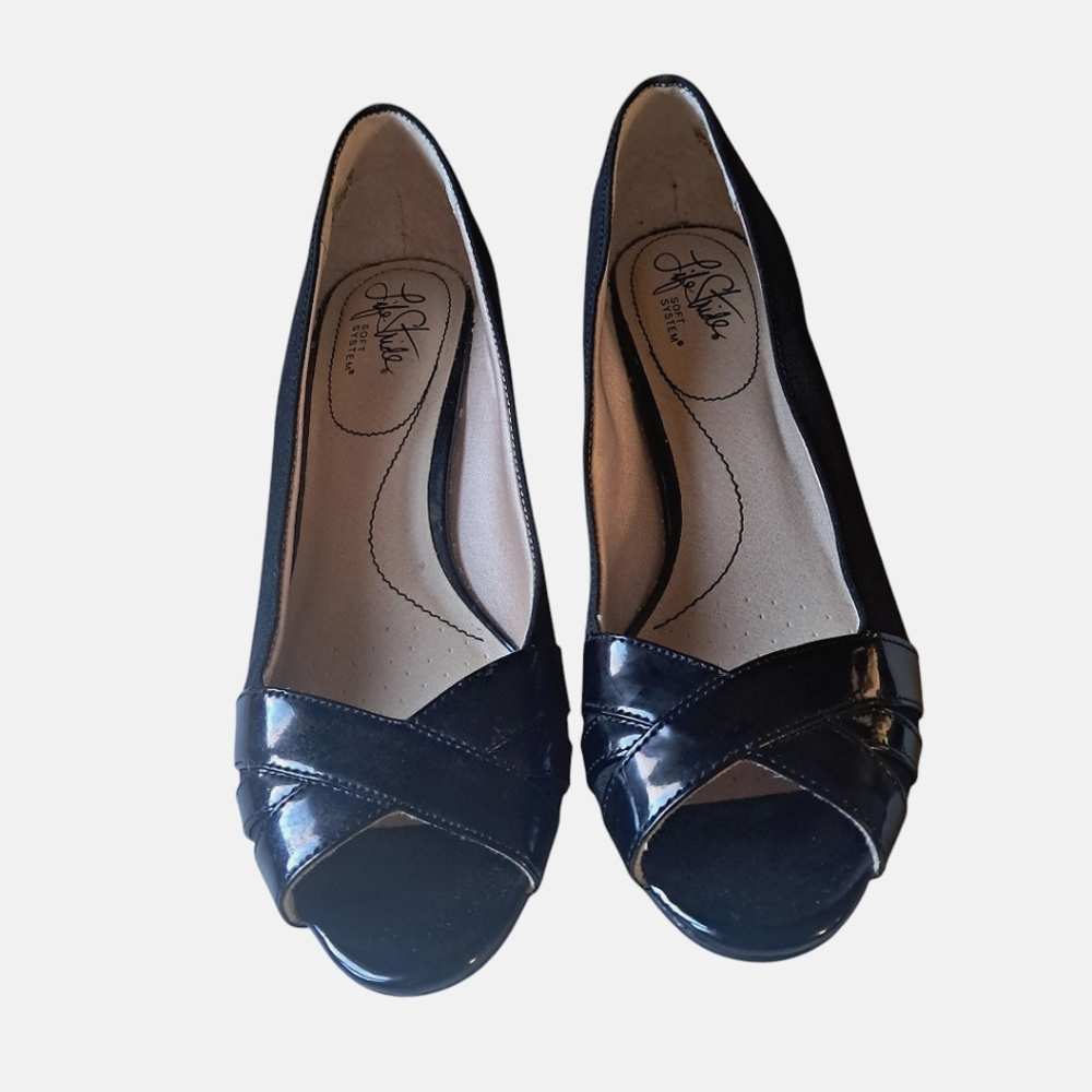 Life Strides Soft System Black Patent Leather Open Toe Shoes Size 9 US